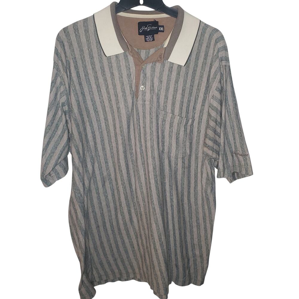 Jack Nicklaus Gray Tan Striped Golf Polo 100% Cotton Preppy SLIM XXL fits XL